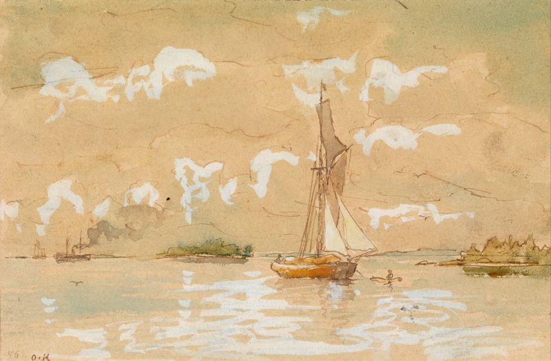 Paisaje marítimo de Oscar Kleineh, óleo sobre lienzo, que representa un océano tranquilo y un cielo pastel.
