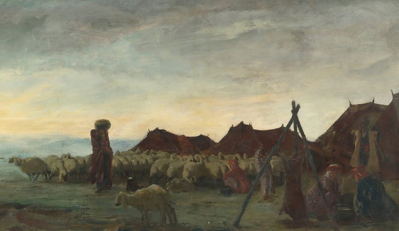 Nomads In The Region Of Meshed by Alexandre Jacovleff, depicting nomads in a desert landscape, oil painting.