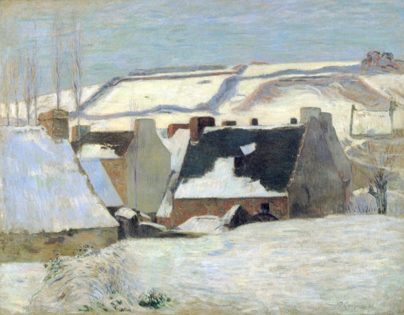 Pont-Aven sous la neige, óleo sobre lienzo de Paul Gauguin, que representa un paisaje invernal con nieve.