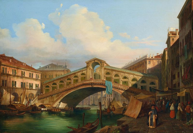Veneza, uma vista do Grande Canal com a Ponte Rialto, óleo de Fausto Antonioli