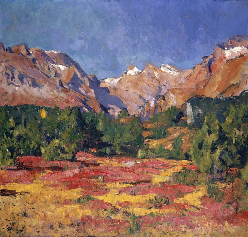 Autumn landscape oil painting by Giovanni Giacometti featuring rolling hills and distant mountains.