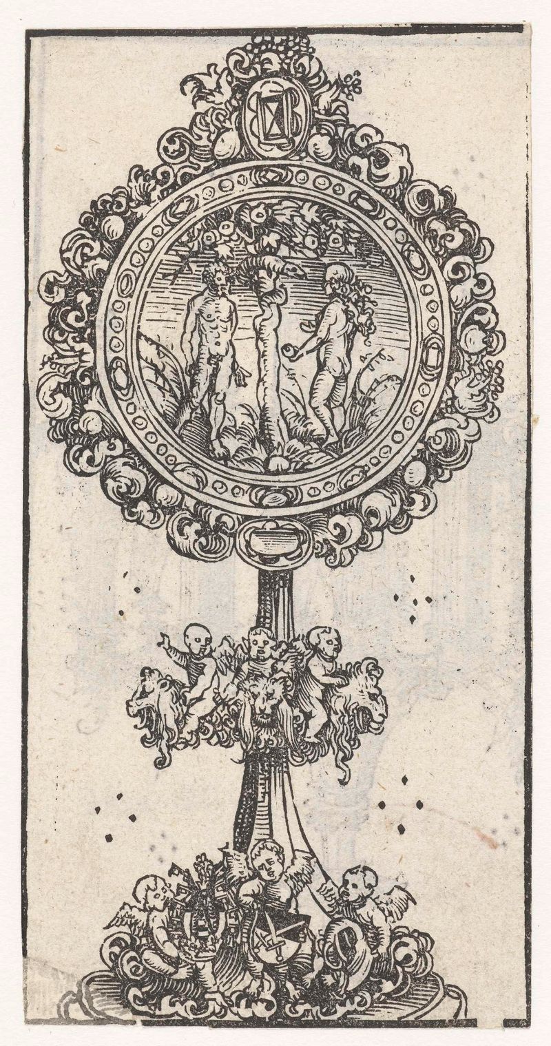 Reliekhouder met de verzoeking van Adam en Eva, paper by Lucas Cranach