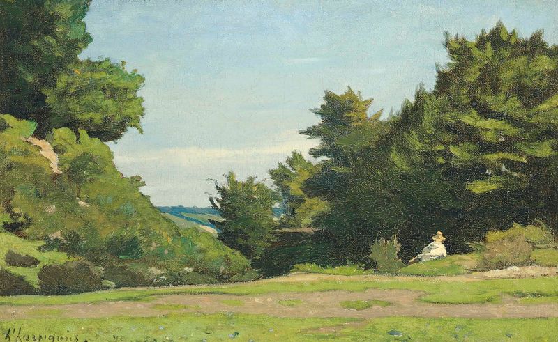 Repos Dans La Campagne de Henri-Joseph Harpignies, pintura a óleo de uma paisagem tranquila.
