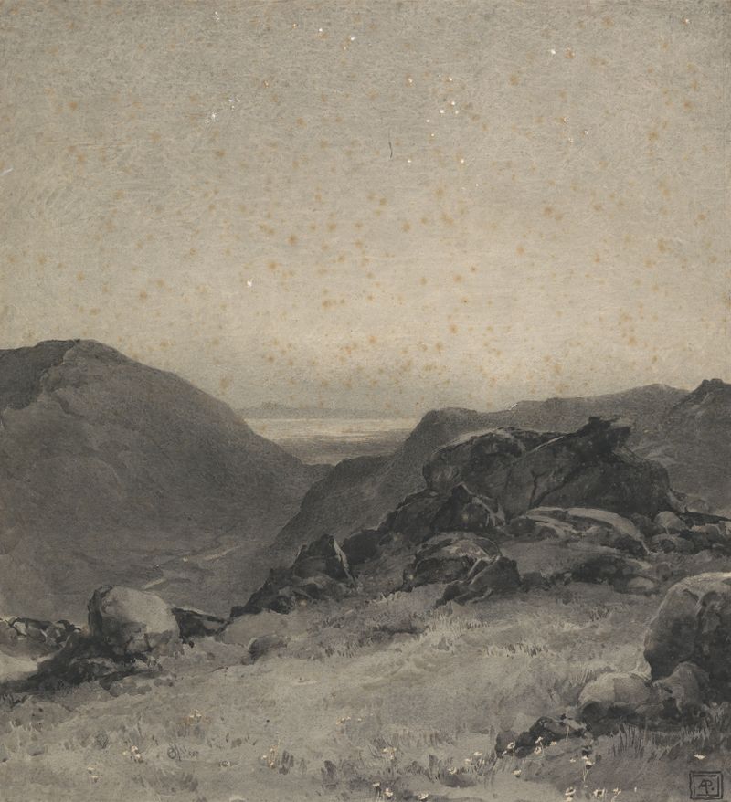 Rocky Landscape by Alfred Parsons, oil painting depicting rugged terrain and a distant horizon.