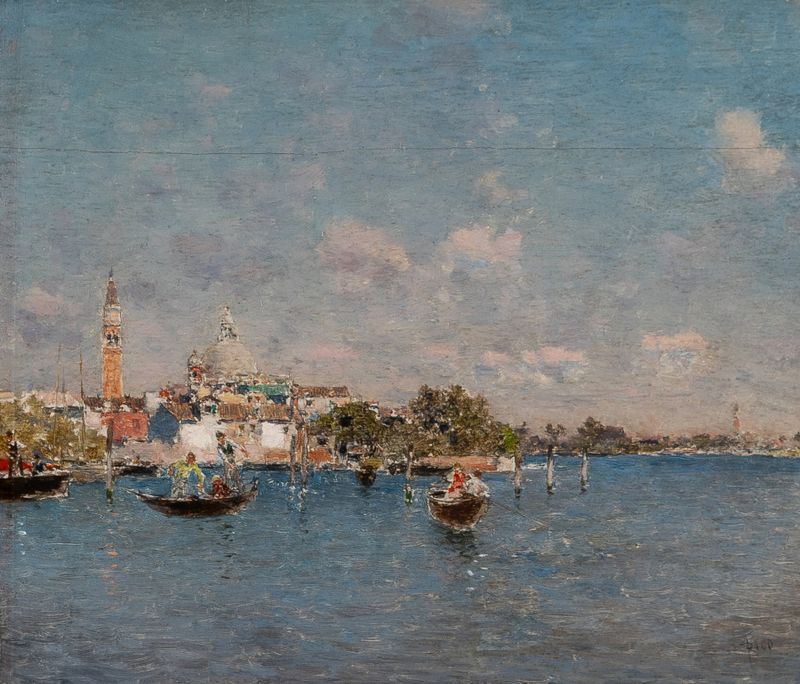 Pintura a óleo de Martin Rico y Ortega mostrando gôndolas em uma lagoa em Veneza