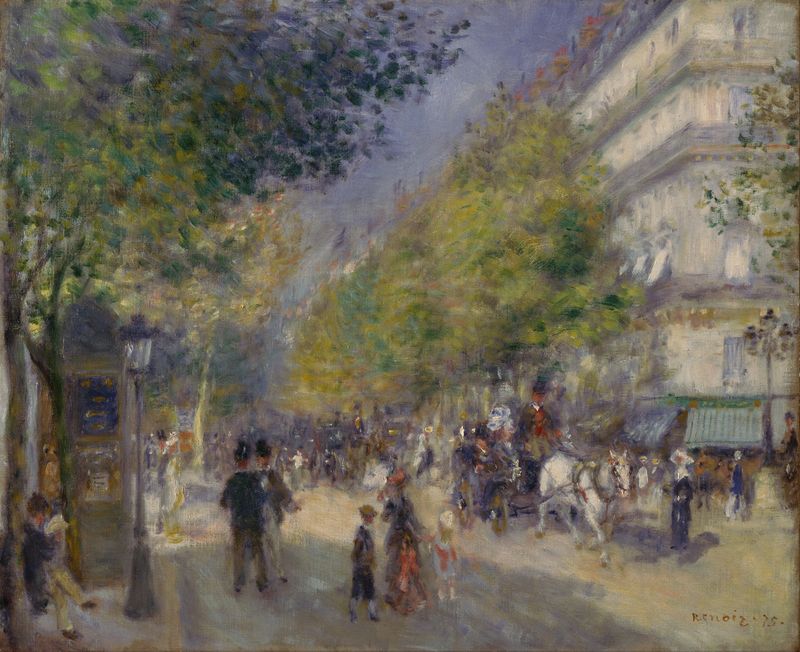 Escena de género con una multitud animada en Los Grands Boulevards de Pierre-Auguste Renoir, óleo sobre lienzo