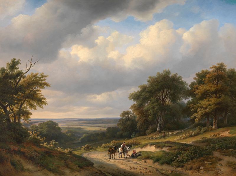 Landscape in the Ardennes de Jan Baptiste de Jonghe, óleo sobre lienzo que representa un bosque y un río serenos.