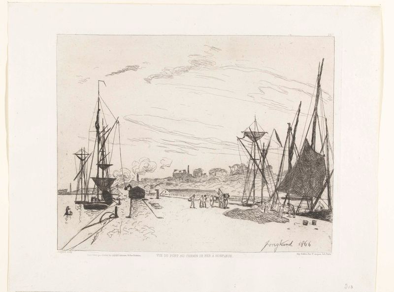 Spoorweghaven te Honfleur, gravura de Johan Barthold Jongkind, retratando um cais com água brilhante.
