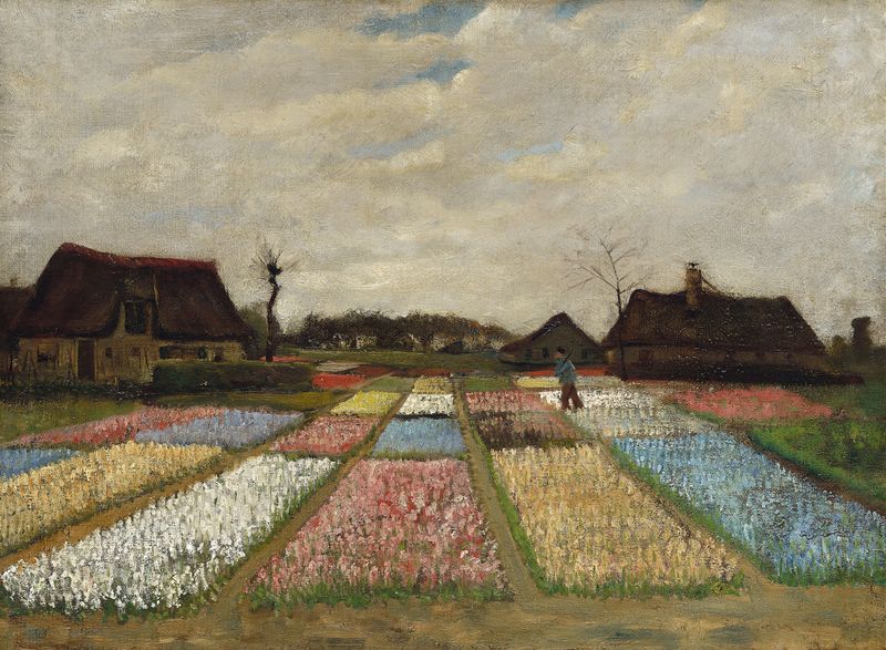Flower Beds in Holland de Vincent van Gogh, óleo sobre lienzo, con flores vibrantes en un jardín.