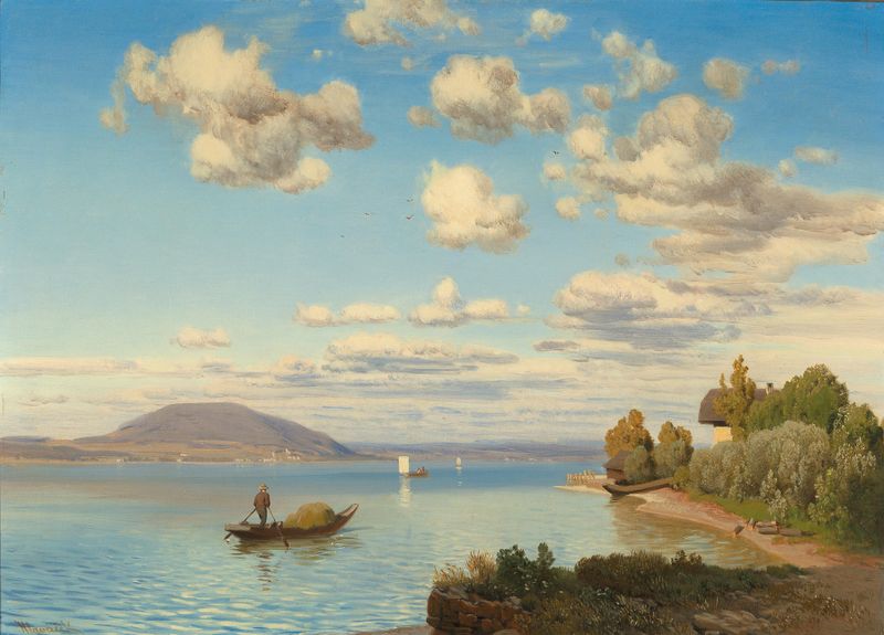 A Scene on Lake Attersee, oil on canvas by Anton Hlavacek, depicting a serene lake and dark forest.