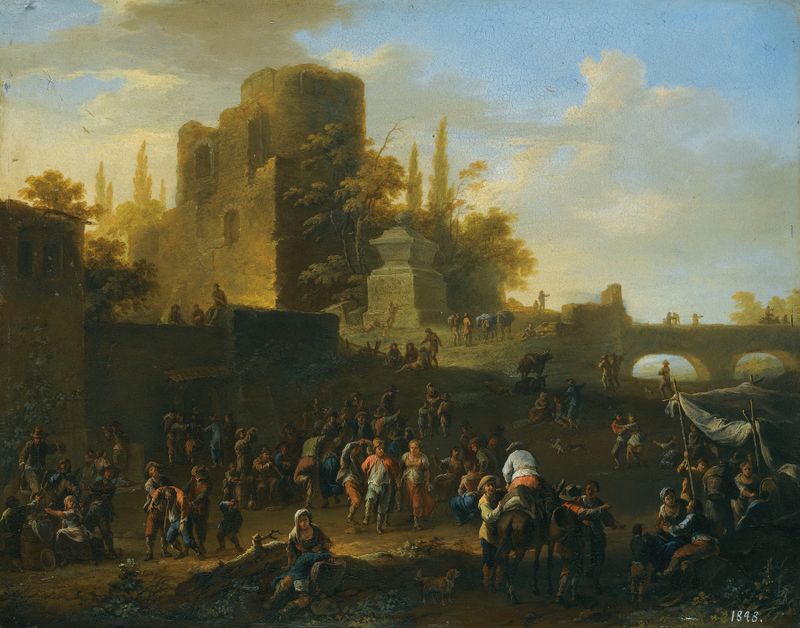Genre scene depicting villagers celebrating near ruins, oil painting by Franz de Paula Ferg