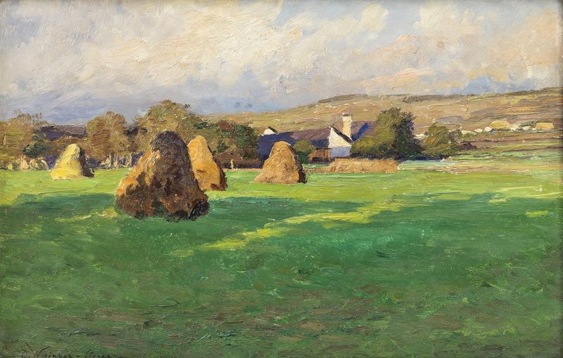 Evening summer landscape with golden grasses, oil on canvas by Olga Wisinger-Florian