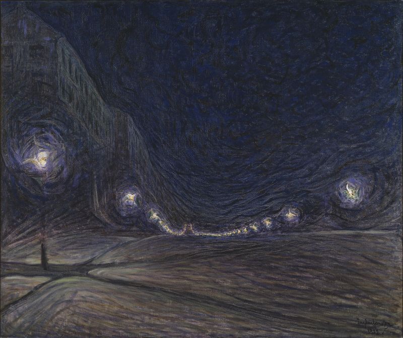 Hornsgatan by Night, oil painting by Eugène Jansson, features glowing street lamps and twilight streets.