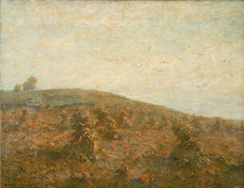 Landscape of a cornfield at twilight by Henry Ward Ranger, oil painting
