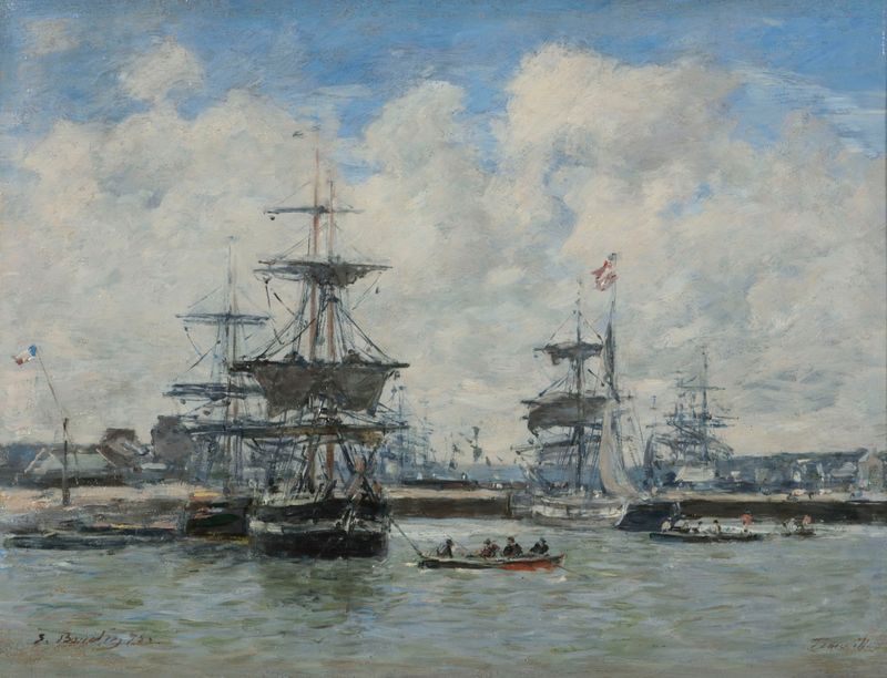 Cena marinha com veleiros no porto, óleo de Eugène Boudin