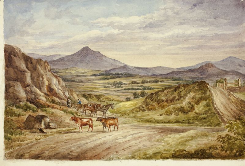 Wicklow Hills de Elizabeth Murray, acrílico sobre lienzo que muestra colinas y nubes.