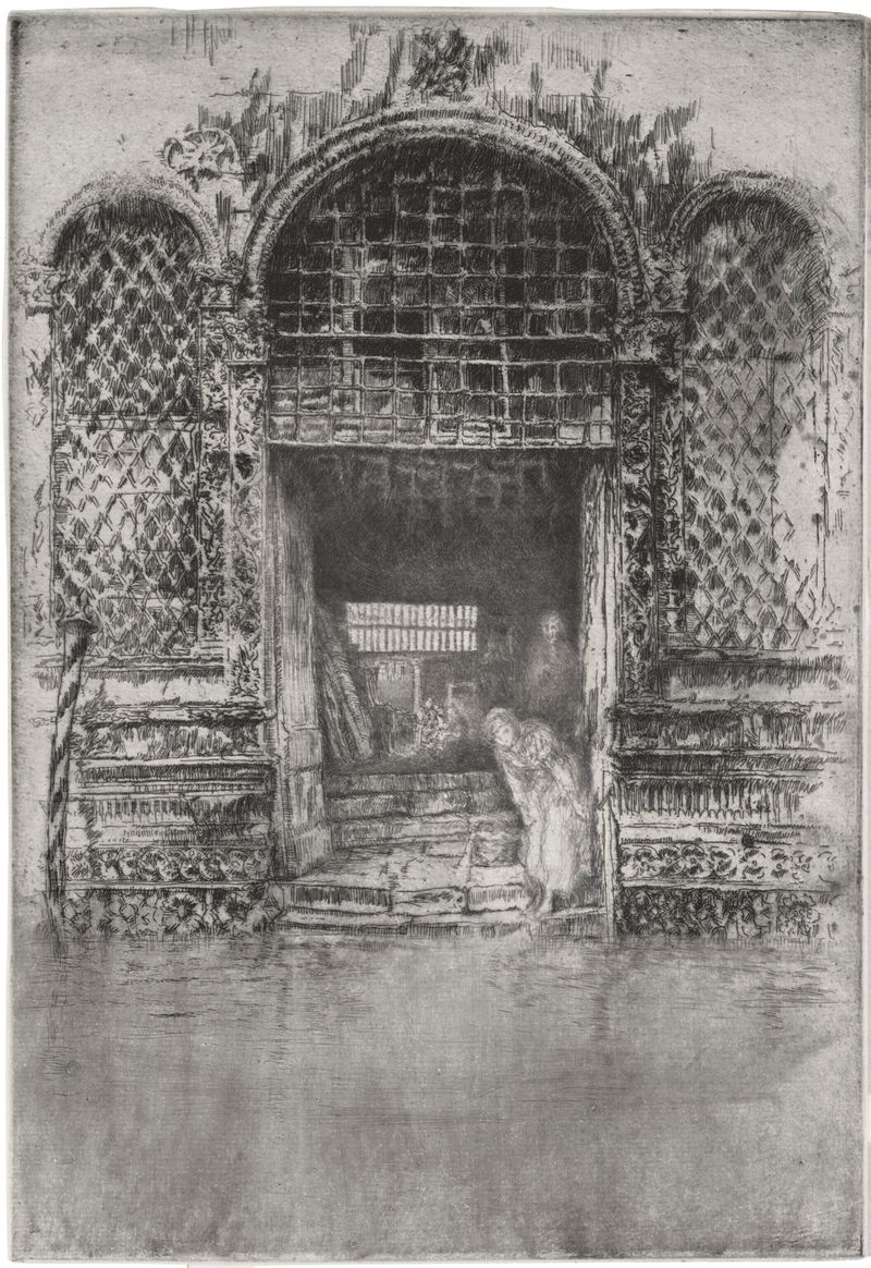 Gravura de James Abbott McNeill Whistler representando uma porta com sombras e luz
