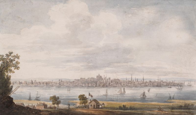Albany, New York by Pavel Petrovich Svinin, oil painting depicting a river and sunset.
