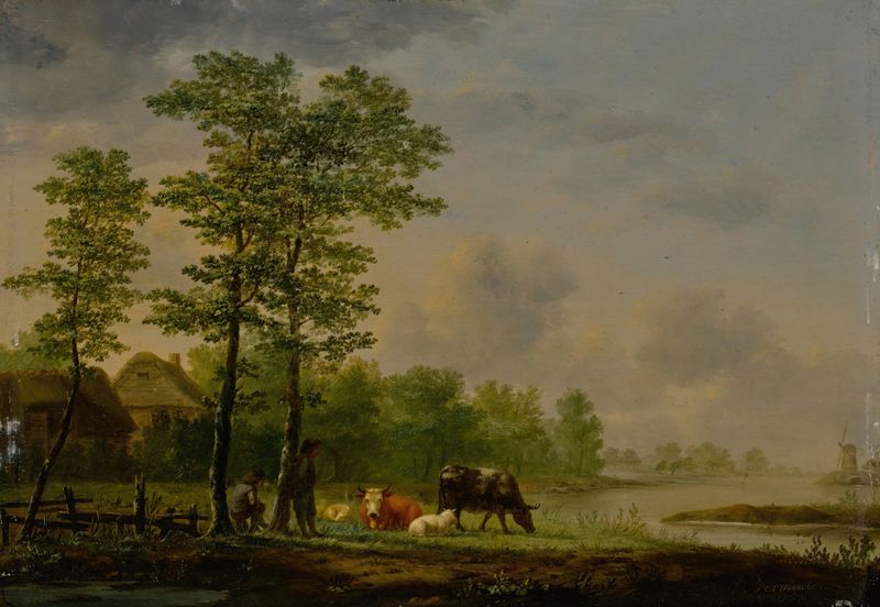 Landscape with farmers, cattle and sheep beside a river by Andries Vermeulen, oil painting