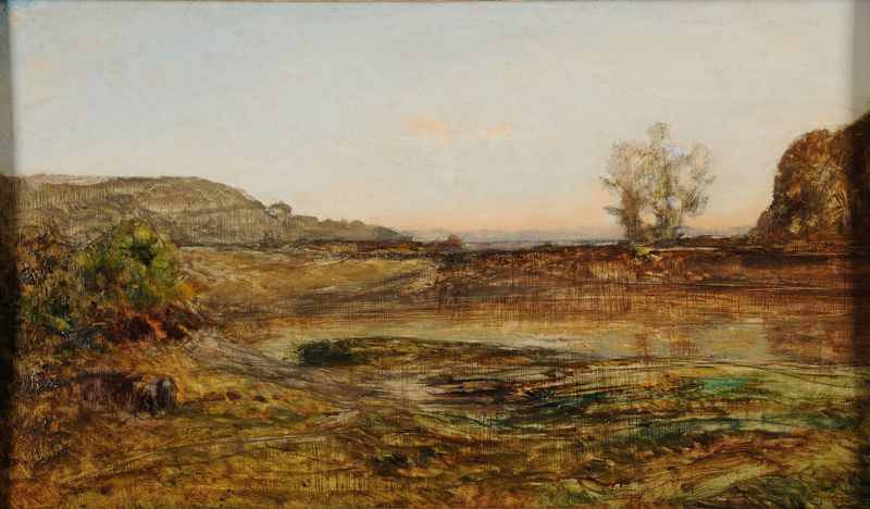 L’Étang d’Optevoz by François-Auguste Ravier, oil painting of a serene pond at dusk.