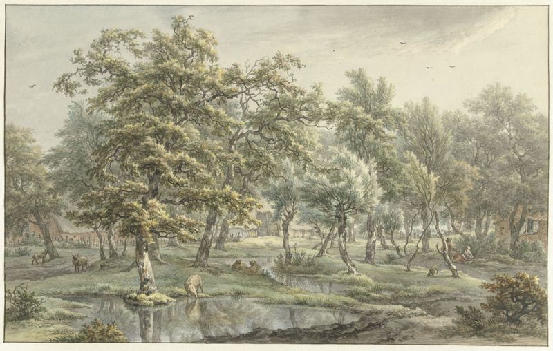 Landscape in Eext de Egbert van Drielst, pintura a óleo com verdes exuberantes e nuvens suaves.