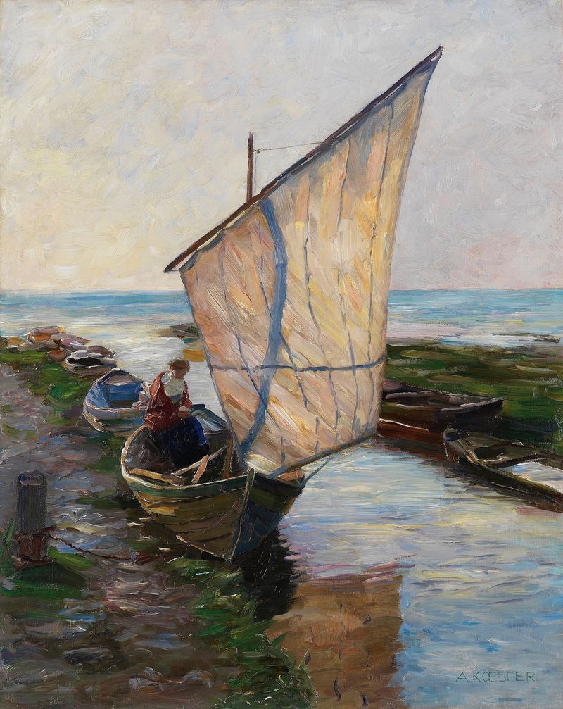 Segelboot, Holland de Alexander Koester, pintura al óleo que muestra un velero en aguas tranquilas