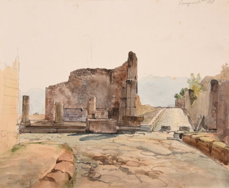 Landscape depicting ruins and sunlight by Jacques-Raymond Brascassat, oil painting
