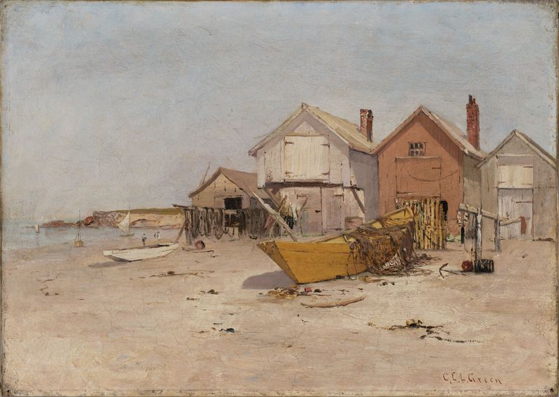 Houses on a Beach by Charles Edwin Lewis Green, oil on canvas depicting a tranquil beach landscape.