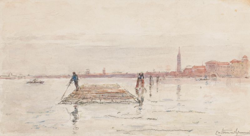 oil painting of Venice with a wooden raft in the water by Carel Nicolaas Storm van 's-Gravesande
