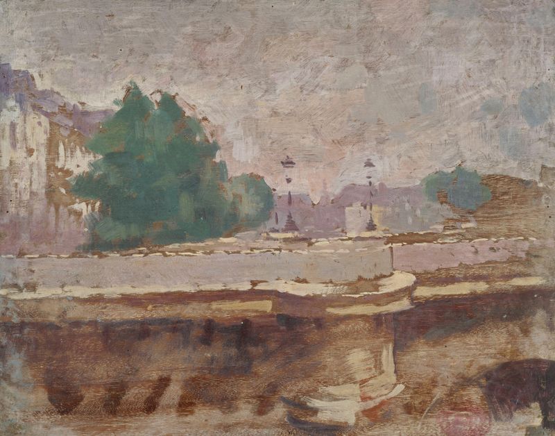 Impressionist landscape depicting the bridge at sunset by Ernest Jules Renoux