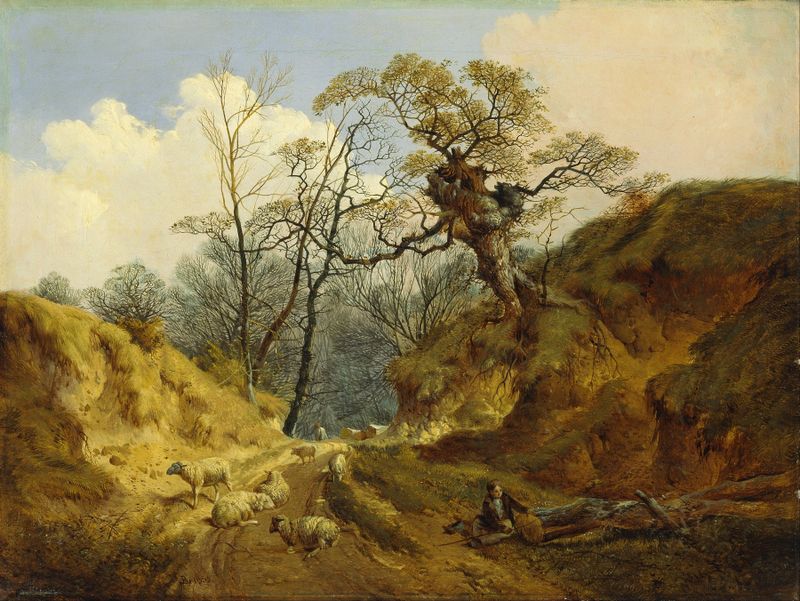 Paisaje que representa un río y horizonte de John Berney Ladbrooke, pintura al óleo