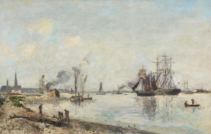 Die Hafeneinfahrt von Antwerpen, pintura al óleo de Johan Barthold Jongkind, que representa una escena de puerto.