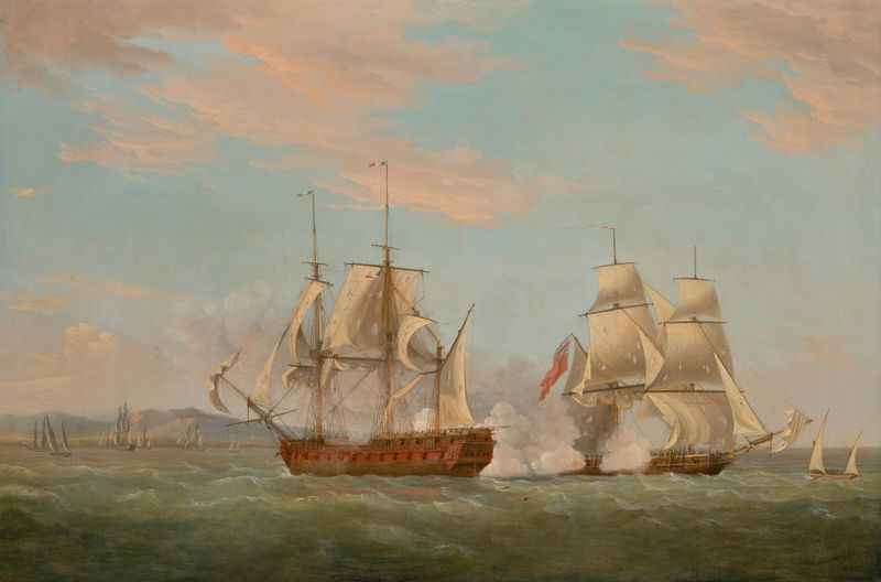 Naval battle scene, oil painting by Thomas Whitcombe