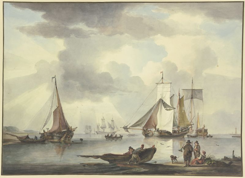 Oil on canvas by Leendert de Koningh depicting ships and figures by the shore