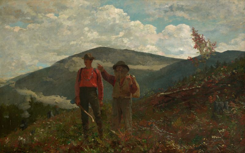 Two Guides de Winslow Homer, pintura a óleo que retrata duas figuras em uma costa rochosa.