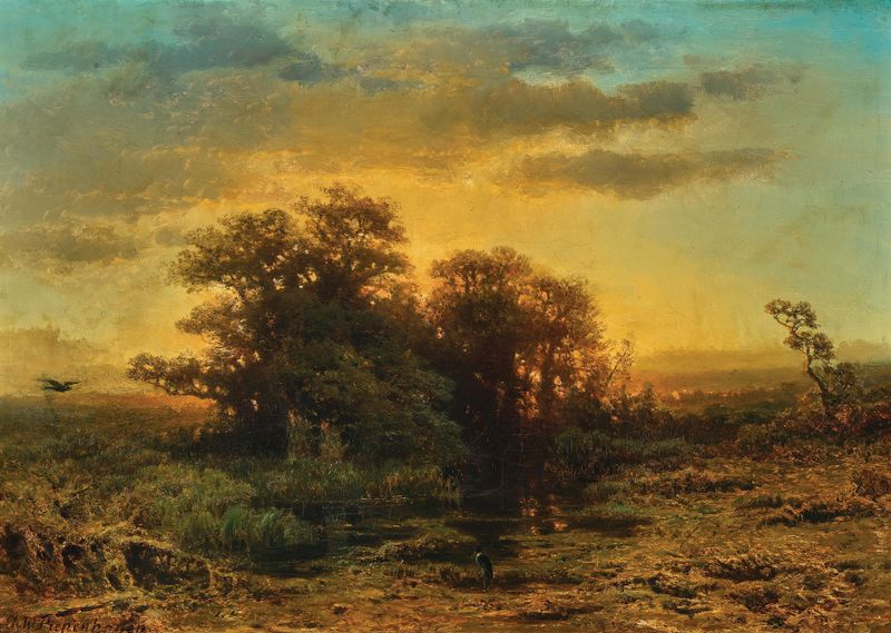 An Evening Landscape with a Stork by Charlotte Piepenhagen-Mohr, oil painting featuring a stork at twilight.