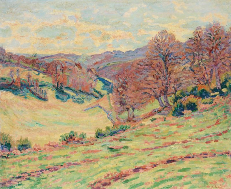 Paisaje con colores de crepúsculo en pintura al óleo de Armand Guillaumin