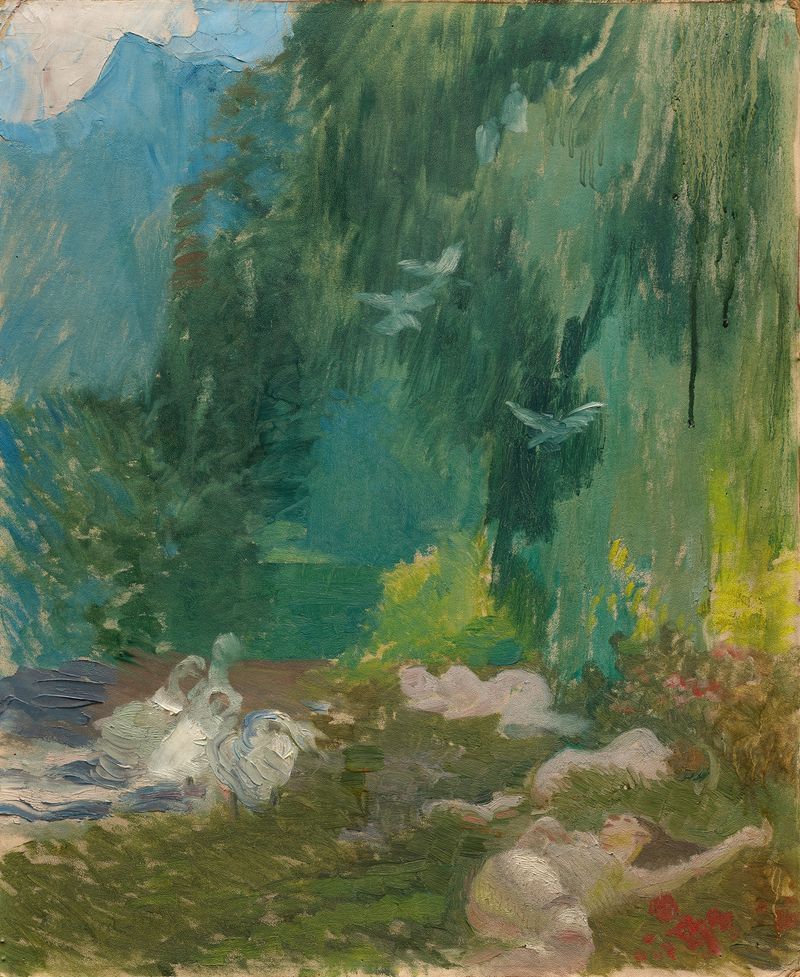 Genre scene oil painting by Albert Besnard depicting a figure in golden light among leaves.