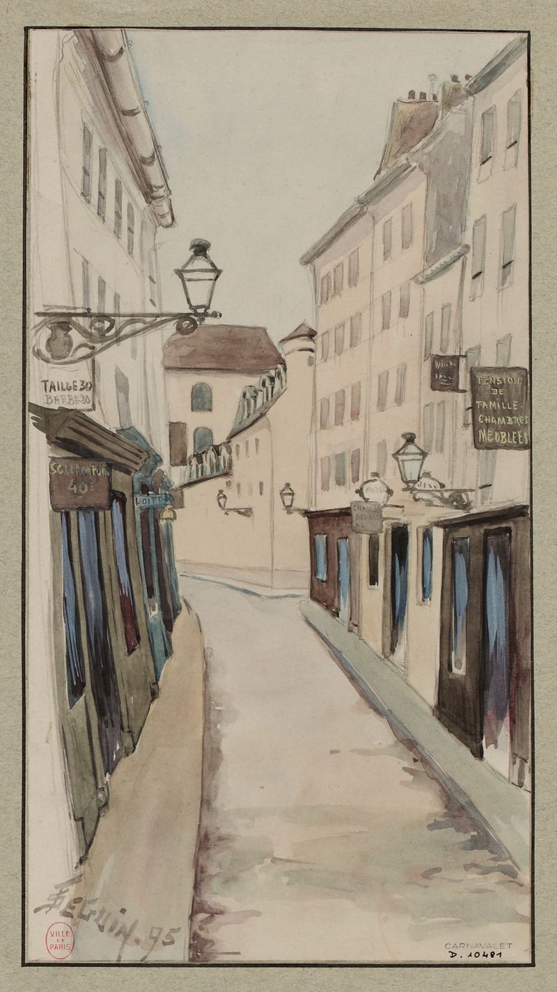 Rue du Pot-de-Fer de F. Séguin, óleo sobre tela retratando uma rua parisiense com reflexos e luz suave.