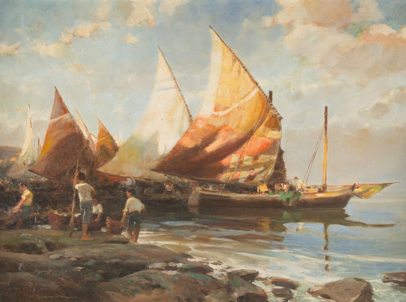 Escena marina con pescadores en silueta al amanecer, Hermann Schmidtmann, pintura al óleo