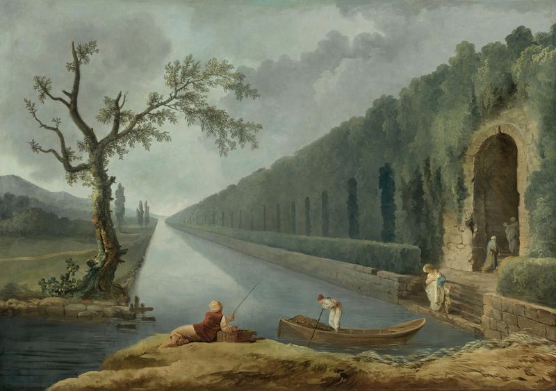 Escena de jardín con un canal, figuras disfrutando de la naturaleza, pintura al óleo de Hubert Robert