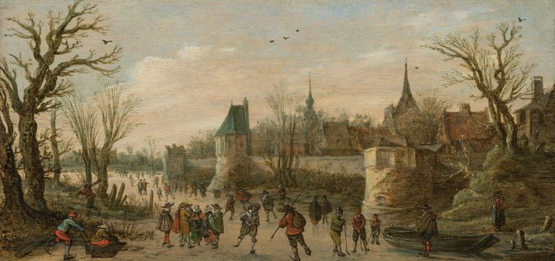 Uma paisagem de inverno com moradores da cidade patinando no gelo, óleo sobre tela de Jan van Goyen