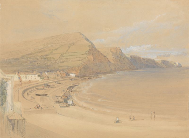 Sidmouth de David Roberts, óleo sobre lienzo, que representa colinas, costa y luz dorada cálida
