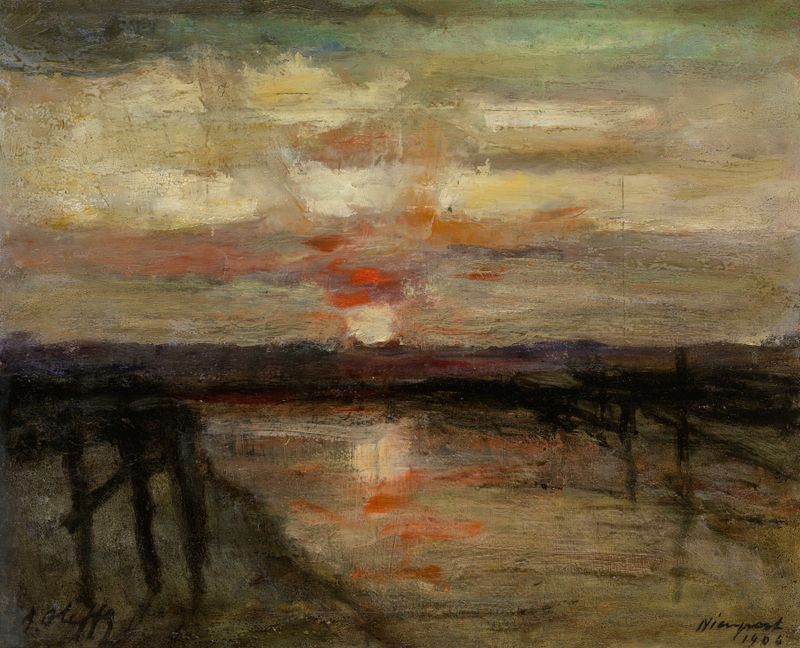 Sunset in Nieuwpoort de Auguste Oleffe, óleo sobre tela que retrata um vibrante pôr do sol sobre a água.