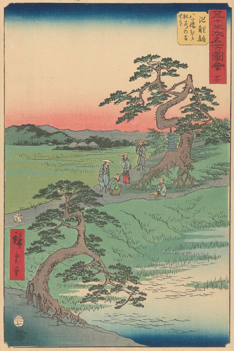 Gravura em madeira de Utagawa Hiroshige mostrando uma paisagem tranquila com árvores e rio.