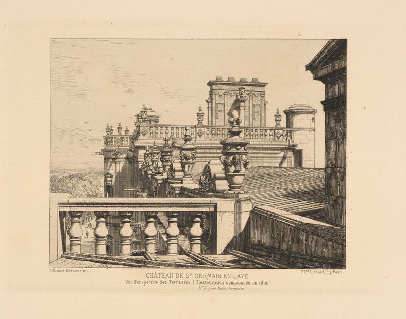 Engraving of Chateau de St. Germain en Laye by Alfred Brunet-Debaines, featuring terraces and landscape.