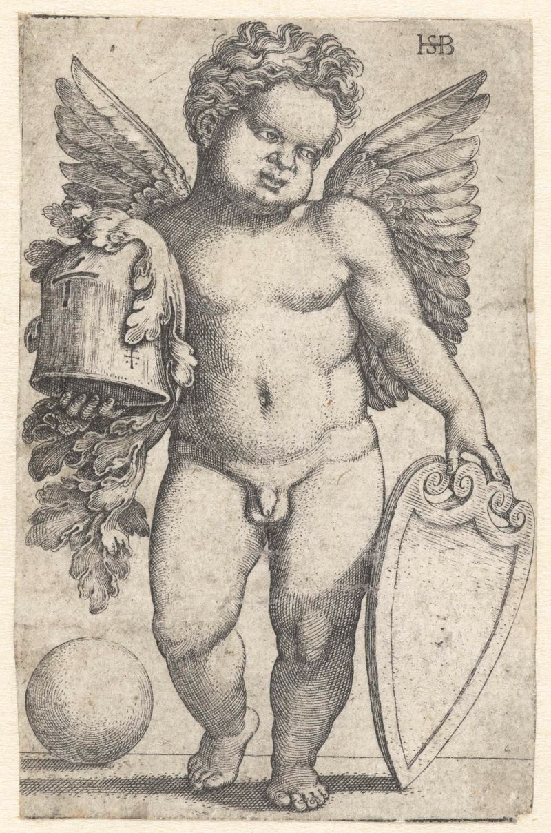 Grabado de Hans Sebald Beham que representa un putto con un escudo en blanco y luz suave