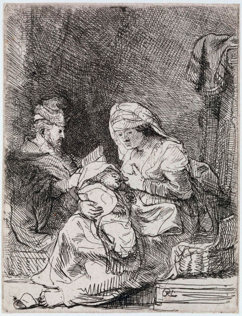 La Sagrada Familia, grabado de Rembrandt van Rijn, que representa a la Virgen María, el Niño y José en un interior íntimo.