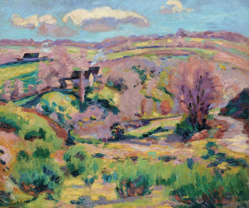 Paysage de la Creuse, au printemps de Armand Guillaumin, óleo sobre lienzo que representa colinas y agua.