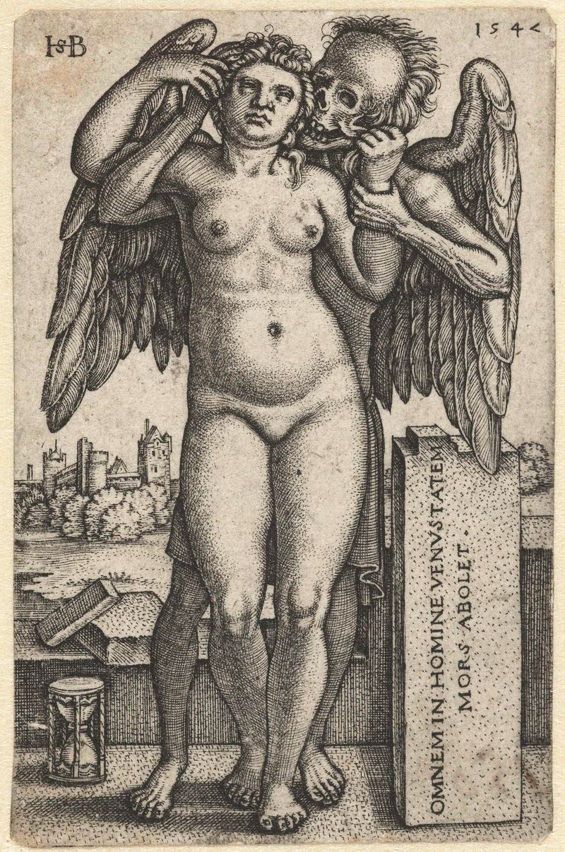Grabado de Hans Sebald Beham que muestra a una mujer desnuda sostenida por la muerte.